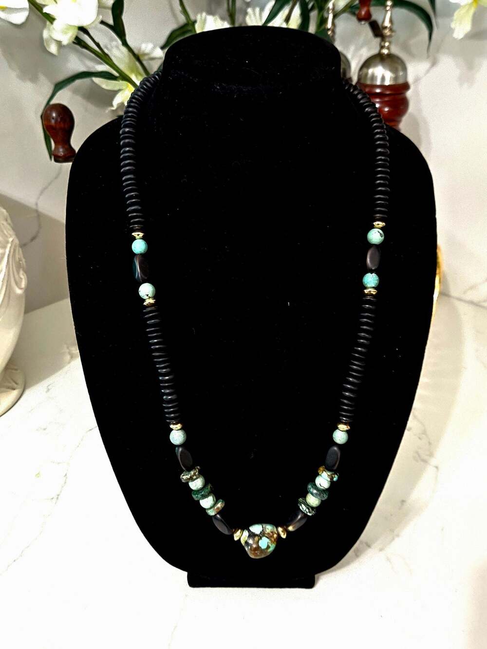 Southwestern Style Beaded Necklace with  Gold-Tone Accents